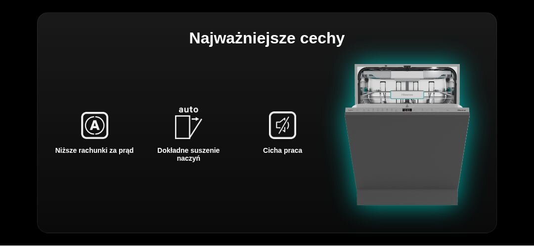 Grafika przedstawia zmywarkę z otwartymi drzwiami oraz trzy ikony z opisami: \'Niższe rachunki za prąd\', \'Dokładne suszenie naczyń\', \'Cicha praca\'. Nad ikonami znajduje się napis \'Najważniejsze cechy\'.
