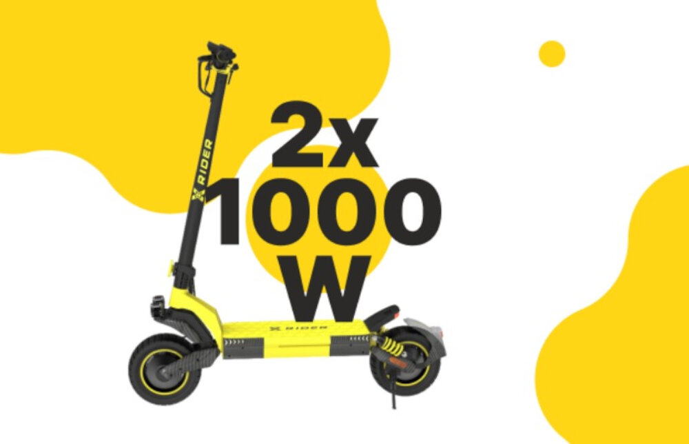 Na obrazie widoczna jest czarno-żółta hulajnoga elektryczna z napisem \'XRIDER\' na kierownicy. W tle znajduje się tekst \'2x 1000 W\' na żółtym tle.