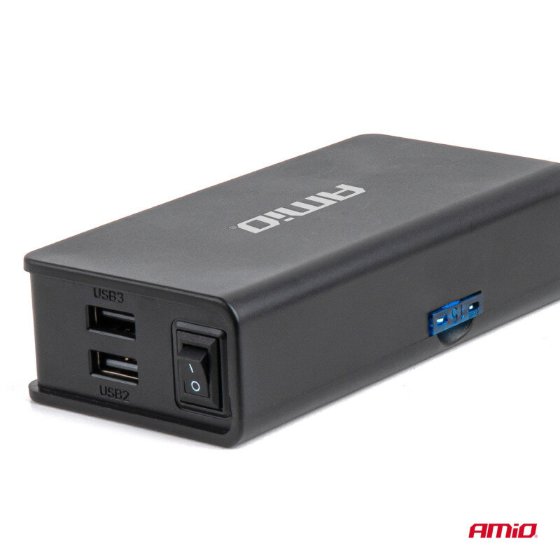 Czarny rozgałęźnik z dwoma portami USB oznaczonymi jako USB2 i USB3 oraz przełącznikiem z oznaczeniami I i O. Na obudowie widoczne jest logo \'AMiO\'.