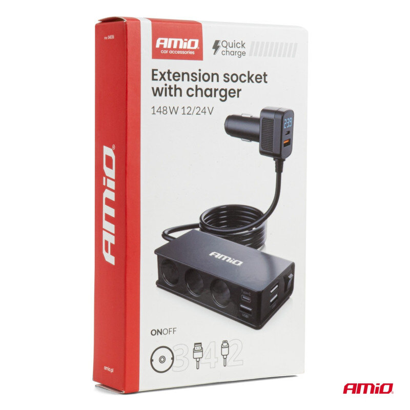 Opakowanie produktu z napisem \'AMiO car accessories\' oraz \'Extension socket with charger 148W 12/24V\'. Widoczny jest obrazek rozgałęźnika z trzema gniazdami i dwoma portami USB, a także logo AMiO.