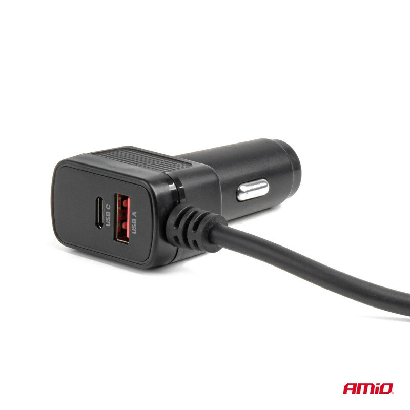 Czarny rozgałęźnik gniazda zapalniczki z dwoma portami USB oznaczonymi jako USB C i USB A. W prawym dolnym rogu widoczne jest logo \'AMiO\'.