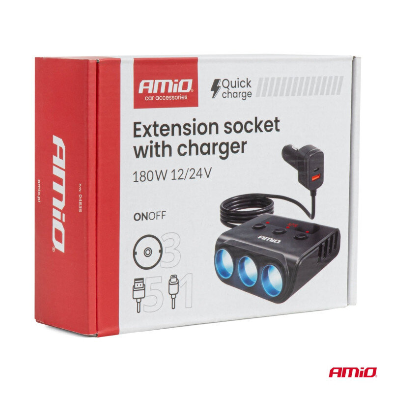 Opakowanie produktu z logo AMiO, przedstawiające rozgałęźnik gniazda zapalniczki z funkcją szybkiego ładowania. Widoczny jest tekst: \'Extension socket with charger 180W 12/24V\'.