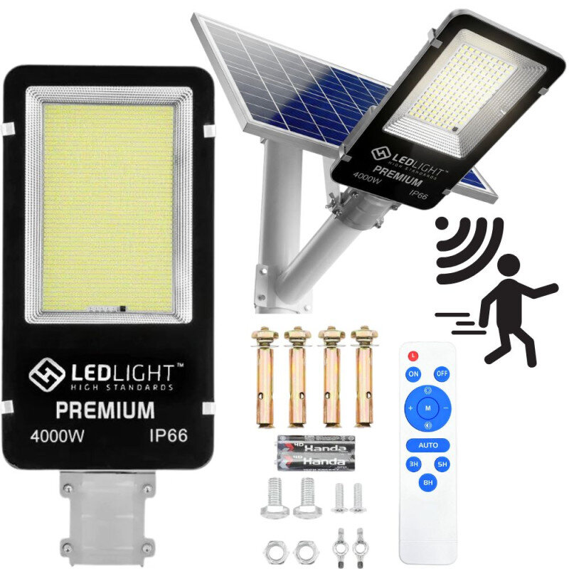 Obraz przedstawia zestaw lampy solarnej ulicznej z panelem słonecznym, pilotem, uchwytem montażowym i akcesoriami. Na lampie widoczny jest napis: \'LEDLIGHT PREMIUM 4000W IP66\'.