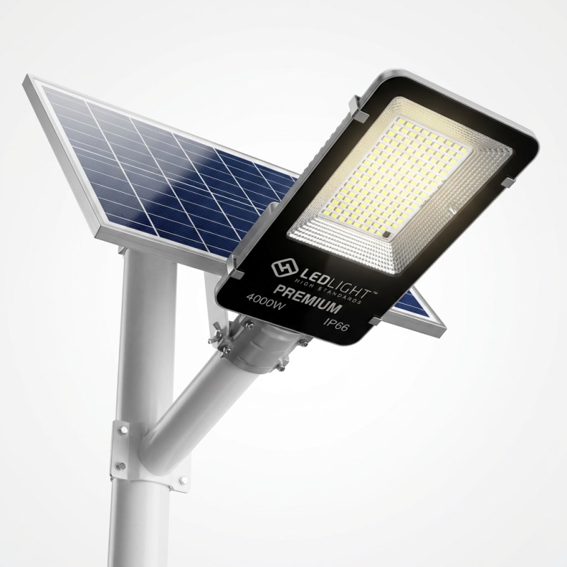 Lampa solarna uliczna z panelem słonecznym i diodami LED. Na lampie widoczny jest napis: \'LEDLIGHT PREMIUM 4000W IP66\'.