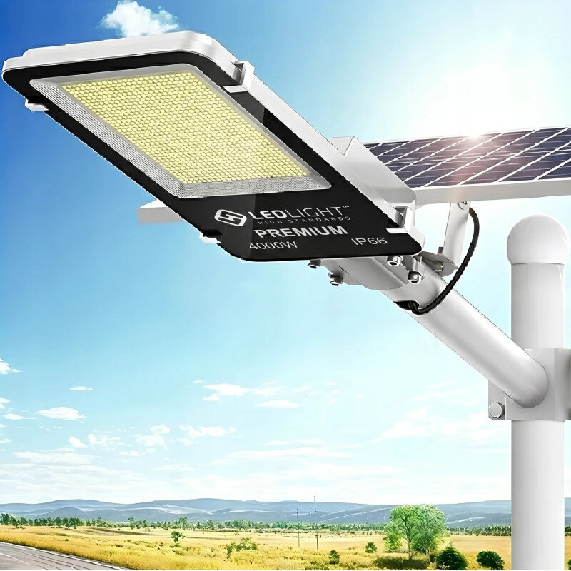 Lampa solarna uliczna z panelem słonecznym i uchwytem, zamontowana na białym słupie. Na lampie widoczny jest napis: \'LEDLIGHT HIGH STANDARDS PREMIUM 4000W IP66\'.