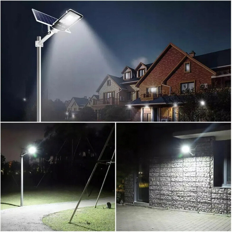 Obraz przedstawia trzy sceny z lampą solarną uliczną oświetlającą różne miejsca nocą: domy, park i budynek z cegły. Lampa emituje jasne światło, a na górze widoczny jest panel słoneczny.