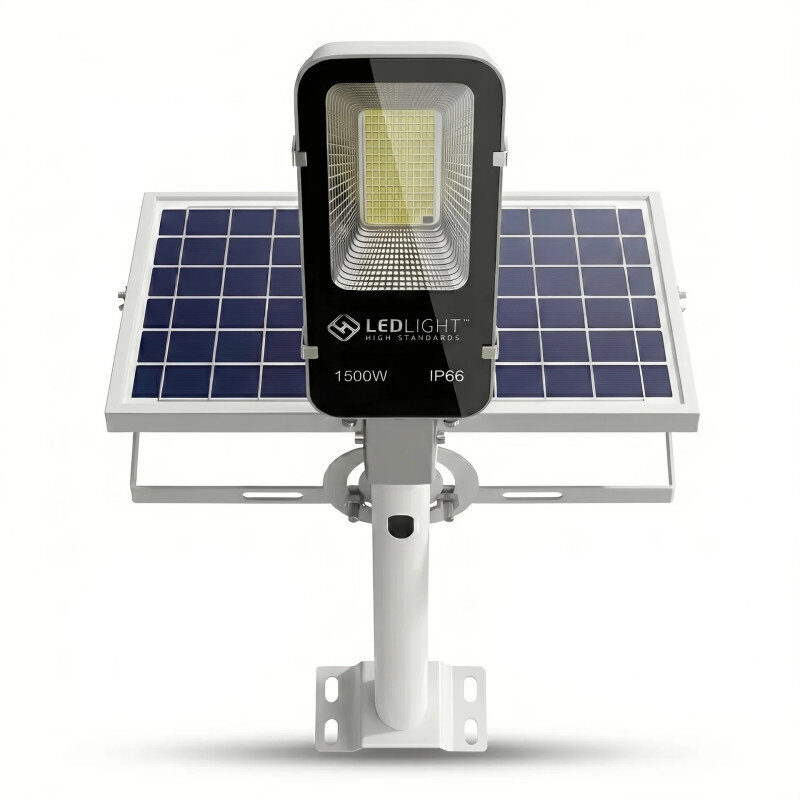 Lampa solarna LED z panelem słonecznym i oznaczeniami \'LEDLIGHT HIGH STANDARDS\', \'1500W\', \'IP66\'.