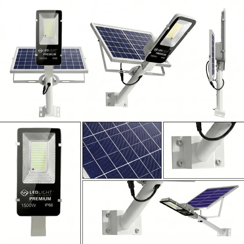 Obraz przedstawia lampę solarną LED z panelem słonecznym i uchwytem montażowym. Na lampie widoczny jest napis: \'LED LIGHT PREMIUM 1500W IP66\'.