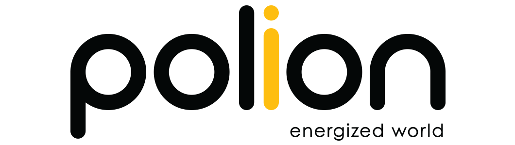 Logo z napisem \'polion\' z żółtą literą \'i\' oraz tekstem \'energized world\' poniżej.