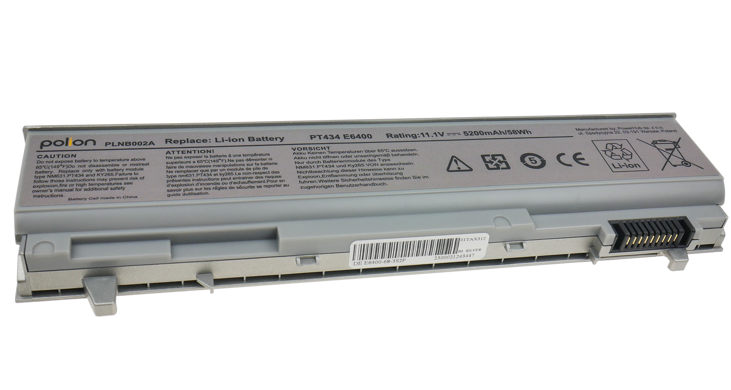 Srebrna bateria do laptopa z widocznymi oznaczeniami i symbolami, w tym logo \'polon\' oraz tekstem \'Replace: Li-Ion Battery PT434 E6400 Rating: 11.1V 5200mAh/58Wh\'.