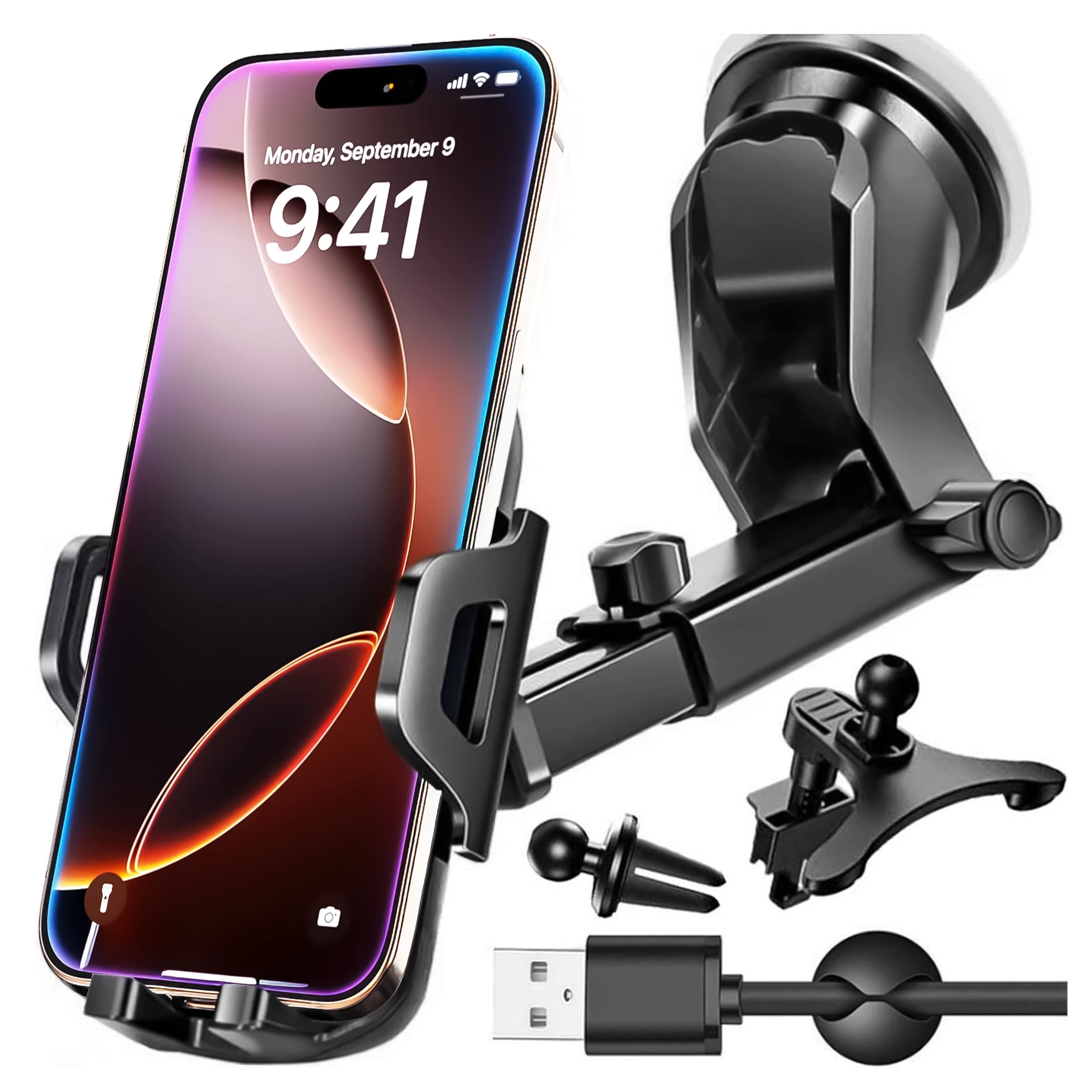 Na obrazie widoczny jest uchwyt samochodowy na telefon z przyssawką oraz dodatkowymi elementami montażowymi. Obok uchwytu znajduje się kabel USB z magnetycznym uchwytem na przewód.