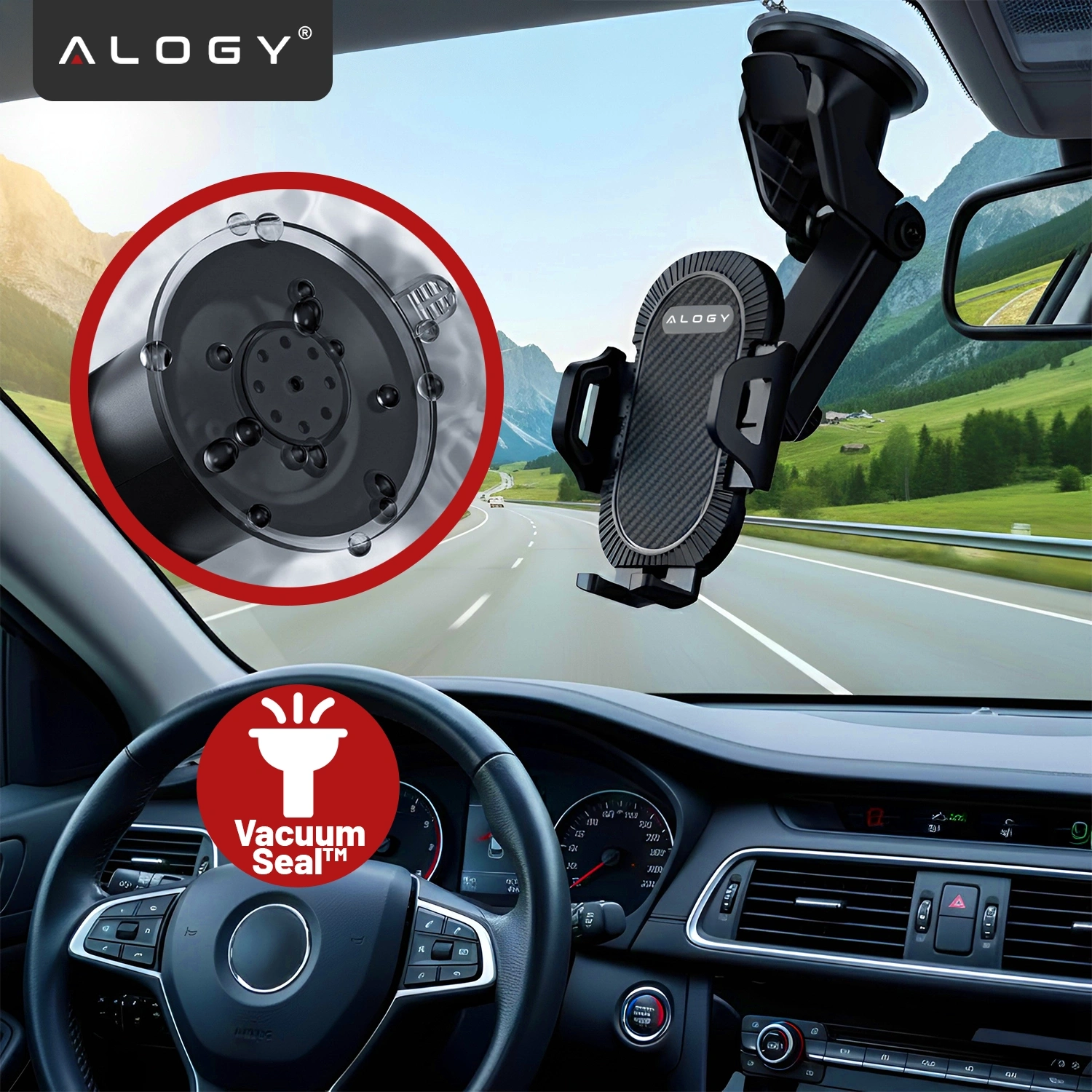 Wnętrze samochodu z zamontowanym uchwytem na telefon marki ALOGY na przedniej szybie. Widoczny jest również zbliżony obraz przyssawki z napisem \'Vacuum Seal™\'.