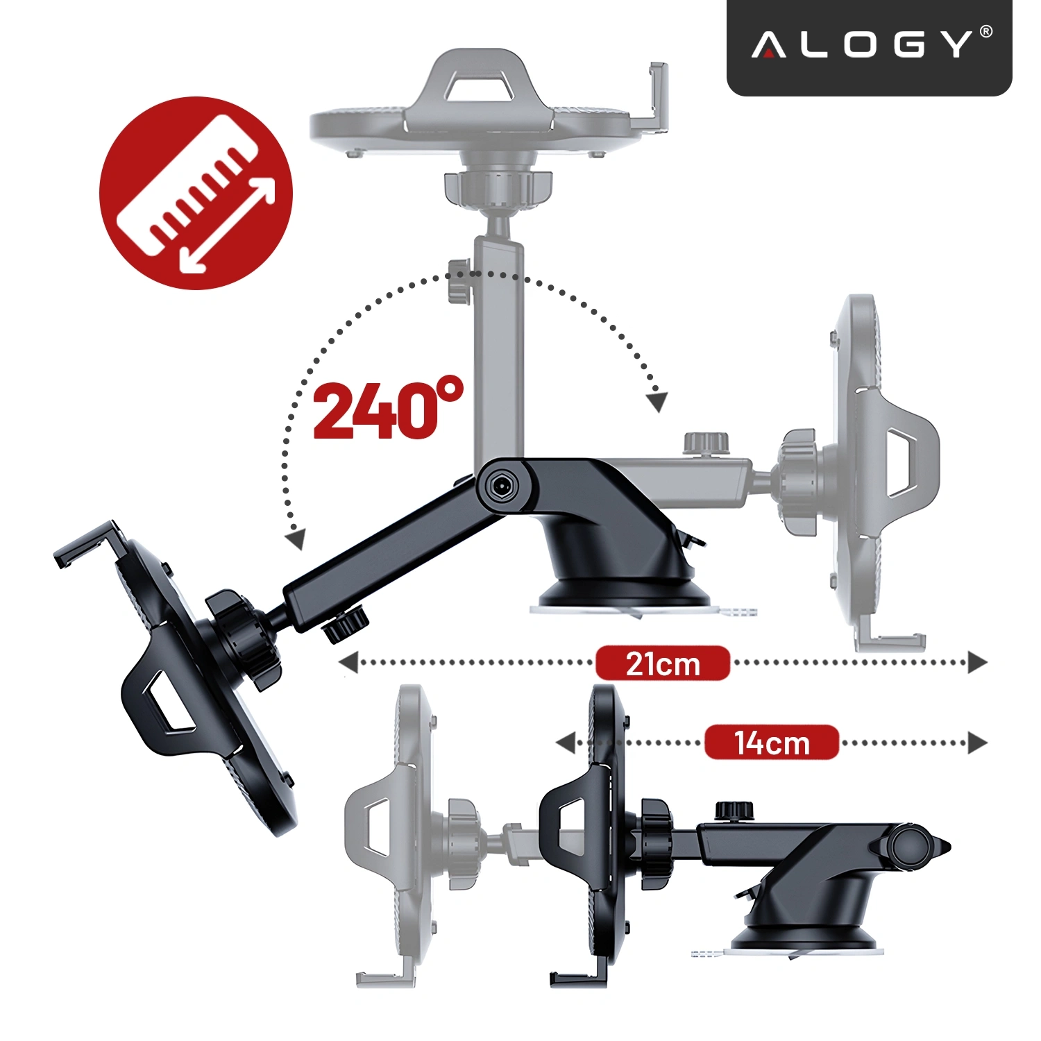 Obraz przedstawia uchwyt samochodowy na telefon z możliwością regulacji kąta 240 stopni. Widoczne są wymiary 21 cm i 14 cm oraz logo \'ALOGY\'.