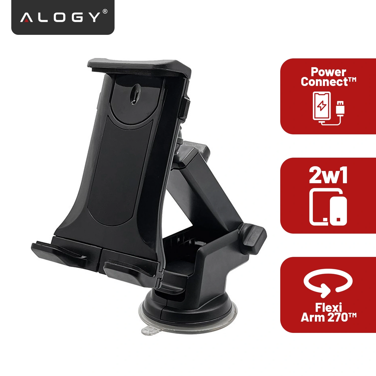 Czarny uchwyt samochodowy na telefon i tablet z przyssawką, obok czerwone ikony z napisami: \'Power Connect™\', \'2w1\', \'Flexi Arm 270™\'. Logo \'ALOGY\' widoczne w lewym górnym rogu.