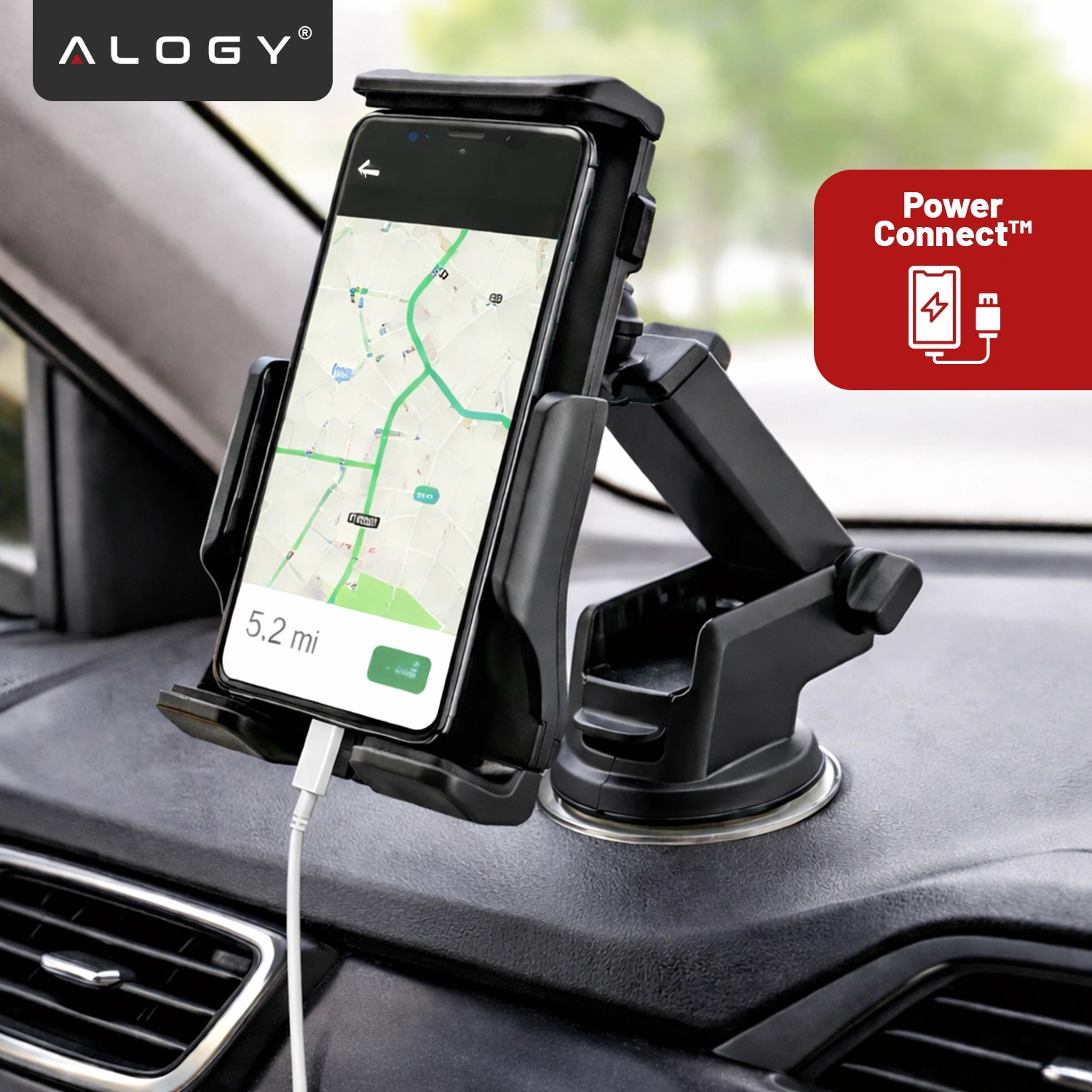 Uchwyt samochodowy na telefon zamontowany na desce rozdzielczej, trzymający smartfon z włączoną nawigacją. Widoczne logo \'ALOGY\' oraz napis \'Power Connect™\'.