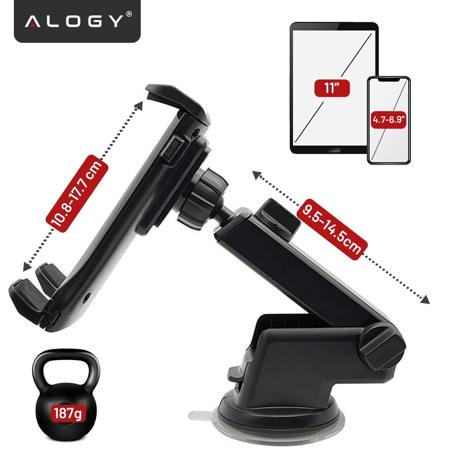 Obraz przedstawia czarny uchwyt samochodowy na telefon i tablet z regulowanym ramieniem. Widoczne są wymiary: 10.8-17.7 cm oraz 9.5-14.5 cm, a także logo \'ALOGY\'.