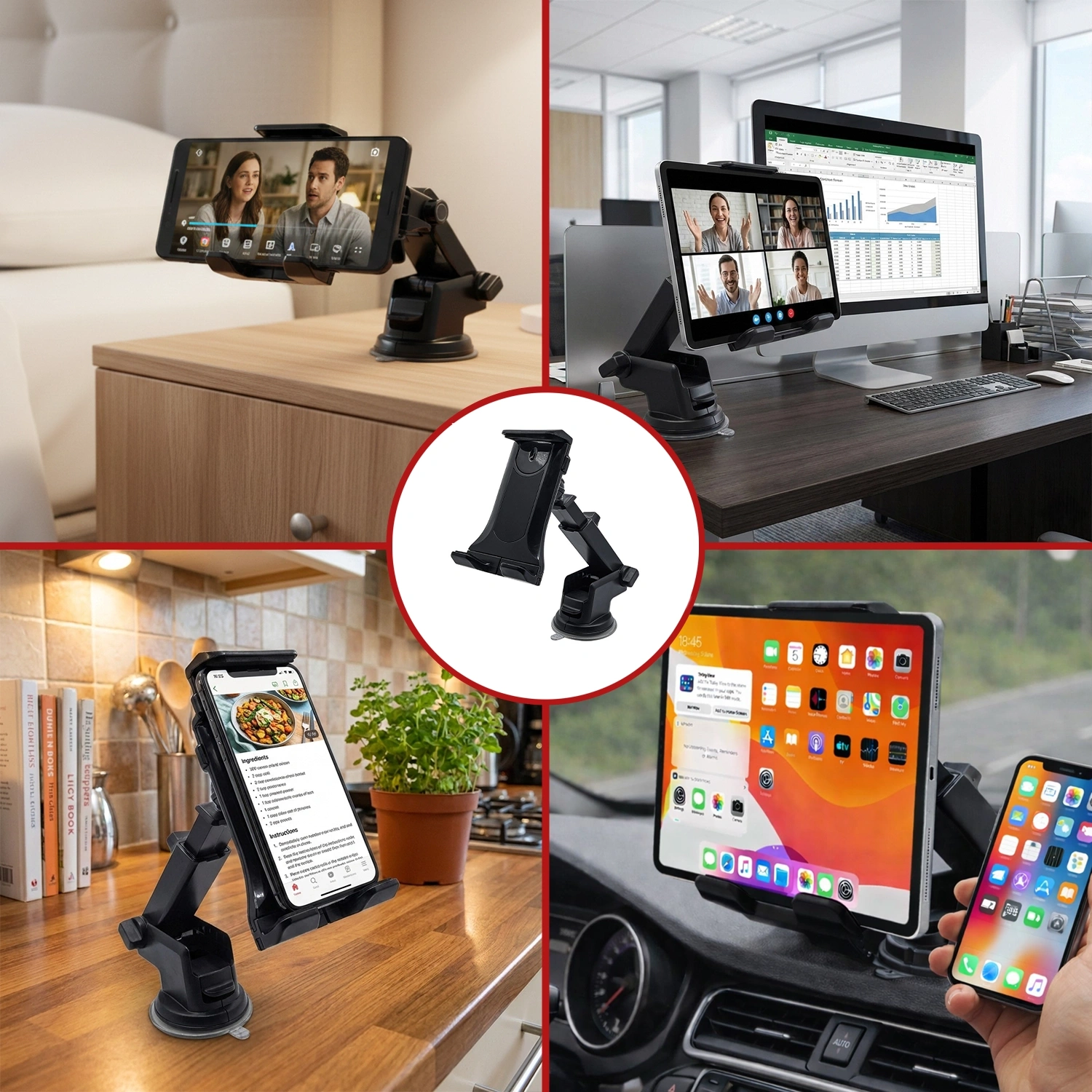 Obraz przedstawia uchwyt samochodowy na telefon i tablet, zamontowany w różnych miejscach: na biurku, w kuchni i w samochodzie. Uchwyt trzyma urządzenia o różnych rozmiarach, od smartfona do tabletu.