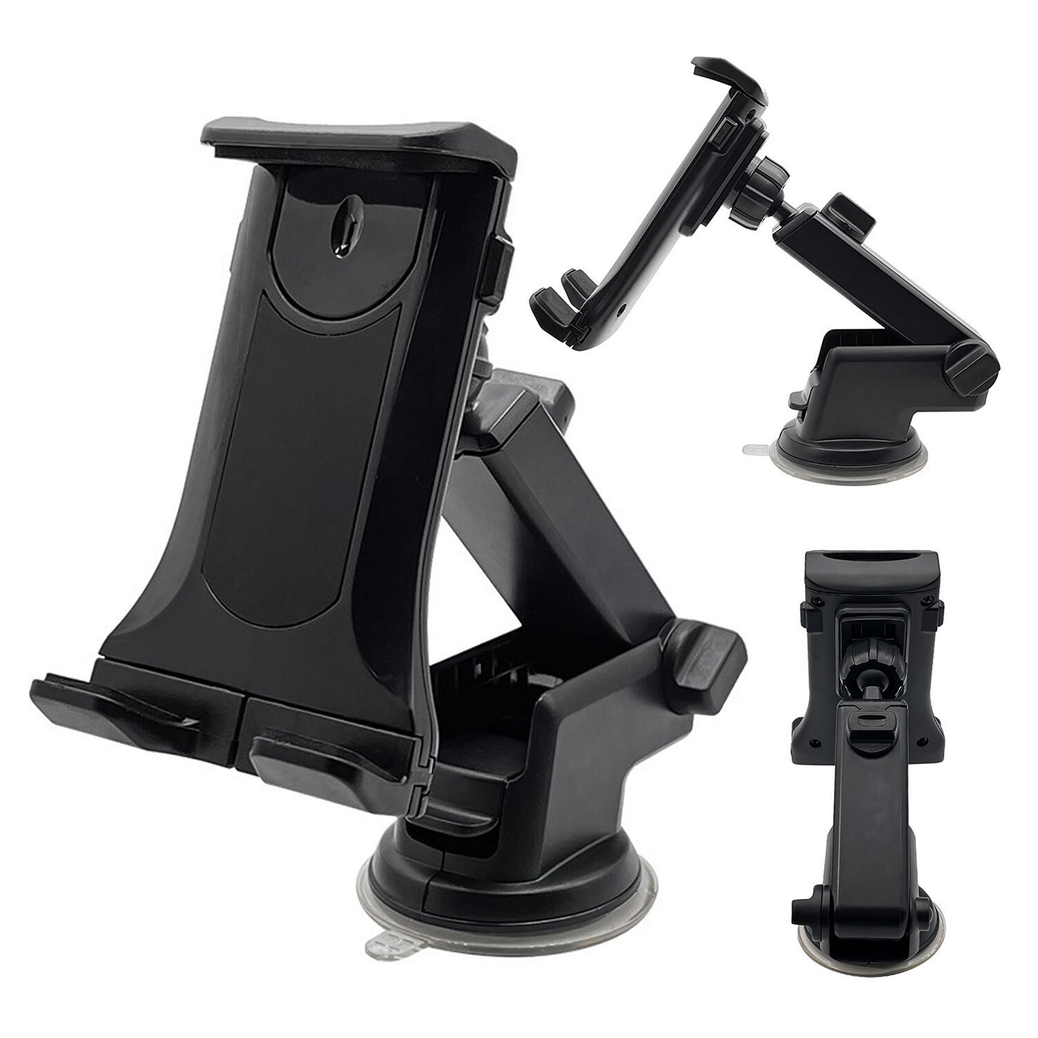 Na obrazie widoczny jest czarny uchwyt samochodowy na telefon i tablet, z regulowanym ramieniem i przyssawką. Uchwyt jest przedstawiony z różnych perspektyw, ukazując jego funkcjonalność i możliwość montażu na szybie lub kokpicie.
