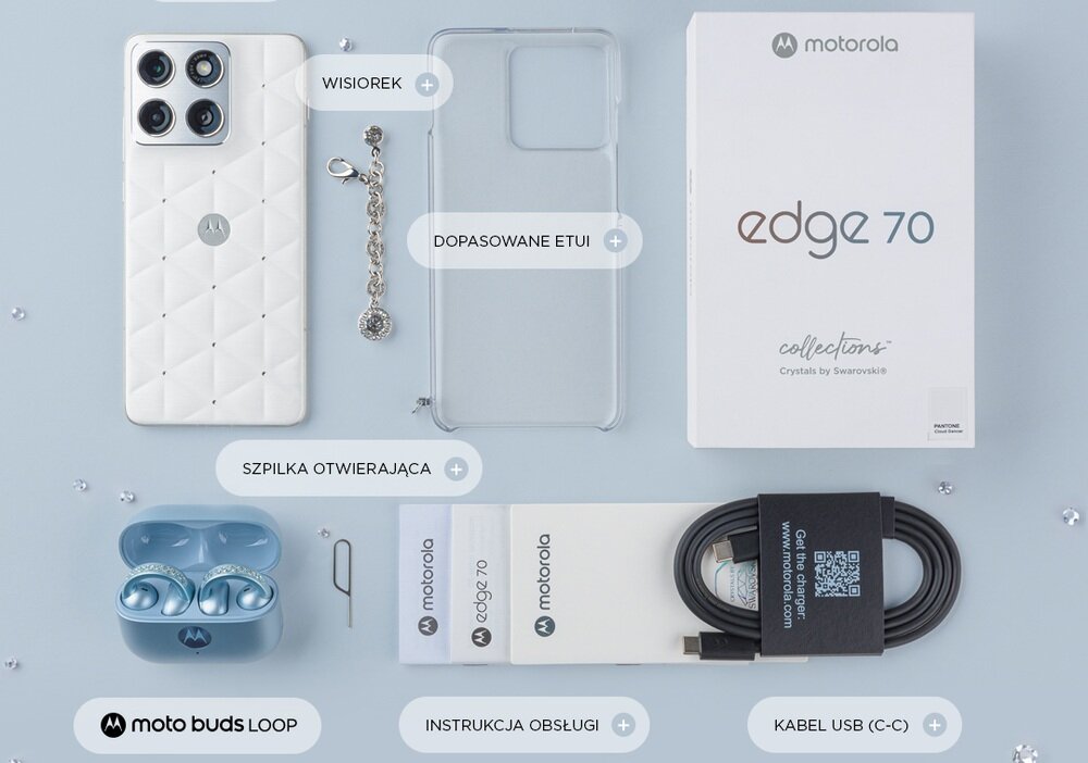 Na obrazie znajduje się biały smartfon z trzema aparatami, przezroczyste etui, pudełko z napisem \'edge 70\', słuchawki w etui, kabel USB, instrukcja obsługi, szpilka otwierająca oraz wisiorek. Widoczne są napisy: \'motorola\', \'edge 70\', \'moto buds LOOP\', \'DOPASOWANE ETUI\', \'SZPILKA OTWIERAJĄCA\', \'INSTRUKCJA OBSŁUGI\', \'KABEL USB (C-C)\'.