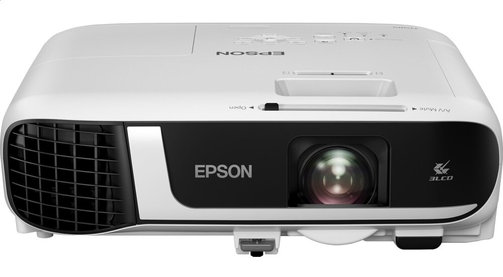 Biały projektor z widocznym logo \'EPSON\' oraz symbolem \'3LCD\'.