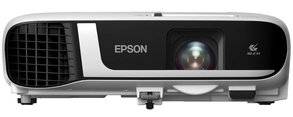 Projektor w kolorze białym z czarnymi elementami, z widocznym logo \'EPSON\' oraz symbolem \'3LCD\'.