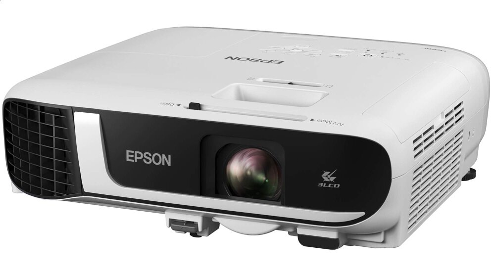 Biały projektor z widocznym logo \'EPSON\' oraz symbolem \'3LCD\'.