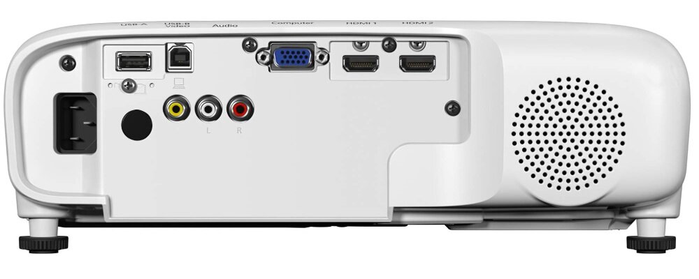 Tył projektora z różnymi portami, w tym USB, VGA, HDMI oraz złączami audio i wideo. Po prawej stronie widoczny jest otwór wentylacyjny z perforacją.