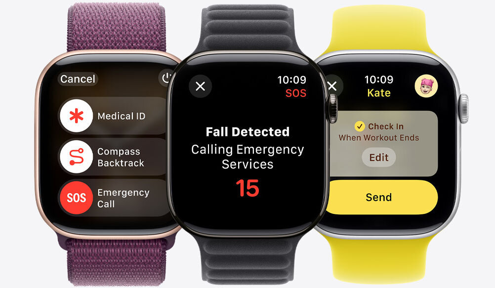 Trzy smartwatche z różnymi ekranami: pierwszy pokazuje opcje \'Medical ID\', \'Compass Backtrack\' i \'Emergency Call\', drugi wyświetla komunikat \'Fall Detected Calling Emergency Services 15\', a trzeci ekran z napisem \'Kate\' i przyciskiem \'Send\'.