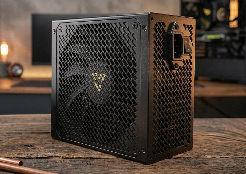 Komputer MAD DOG AQ400-A01WR32WHV2 Widok z przodu na czarny zasilacz z oznaczeniami złączy modularnych i napisem 'Volcano Hex 850W Gold ATX 3.1 Active PFC Power Supply', z wyraźnie opisanymi portami PCI-E/CPU, SATA/Molex oraz M/B, zasilacz, moc, sprawność