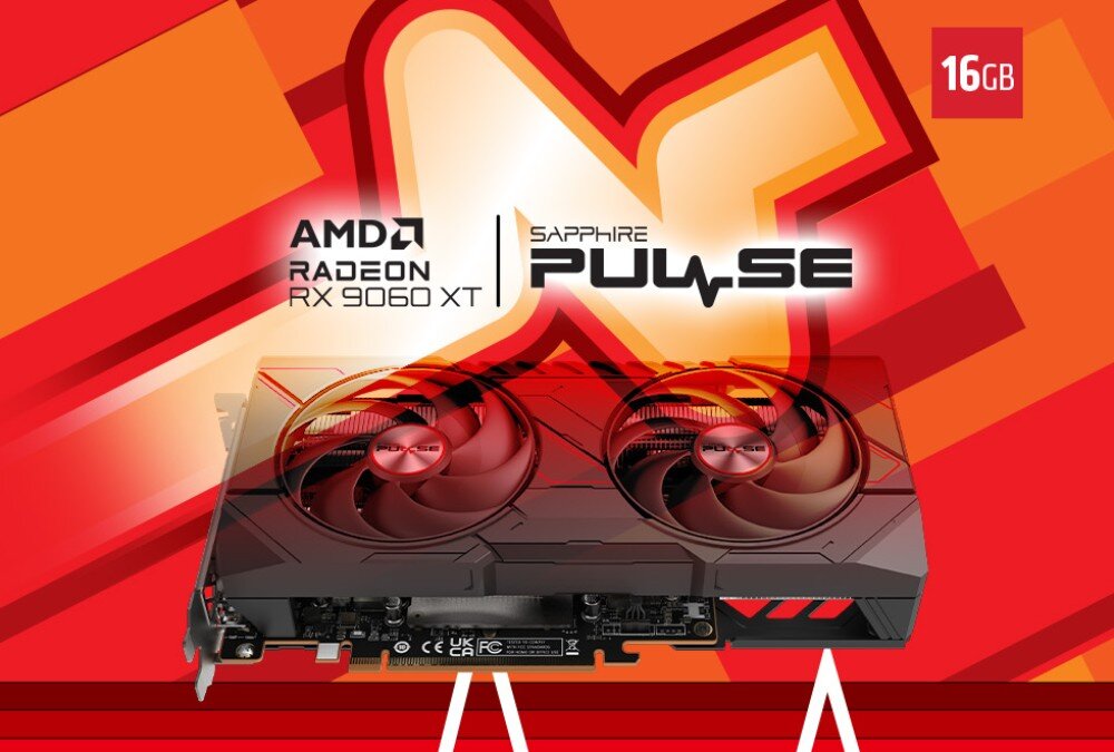 Obraz przedstawia kartę graficzną z dwoma wentylatorami na tle czerwono-pomarańczowego wzoru. Widoczny jest tekst: \'AMD RADEON RX 9060 XT\' oraz \'SAPPHIRE PULSE\', a w rogu znajduje się oznaczenie \'16GB\'.