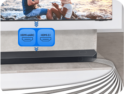Na obrazie widoczny jest soundbar umieszczony pod telewizorem, z oznaczeniami HDMI eARC i HDMI 2.1. Obok soundbara znajdują się przewody, a na ekranie telewizora widać dwie osoby siedzące na plaży.