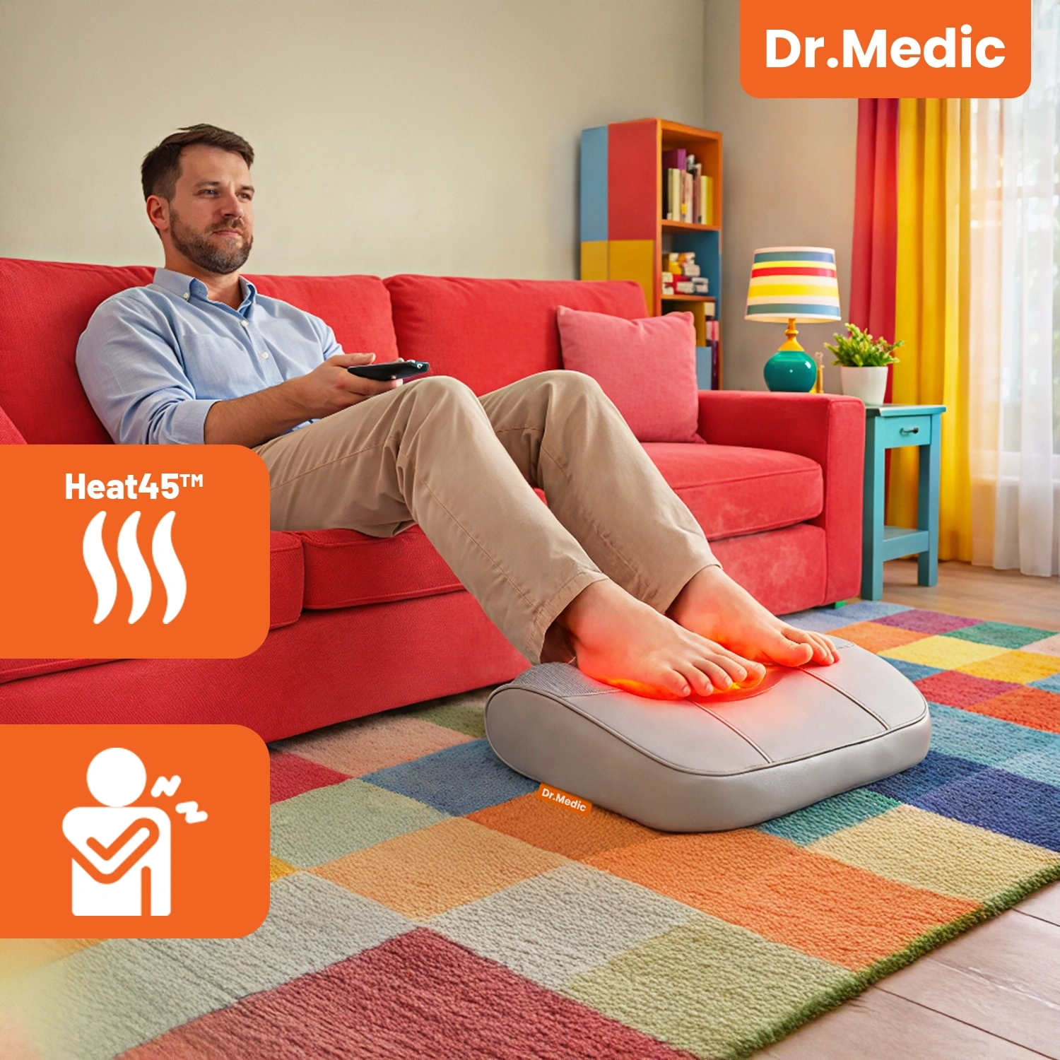 Osoba siedzi na czerwonej kanapie, trzymając pilot, a stopy opiera na poduszce masującej z napisem \'Dr.Medic\'. Obok widoczne są ikony z tekstem \'Heat45™\' oraz symbol masowania.