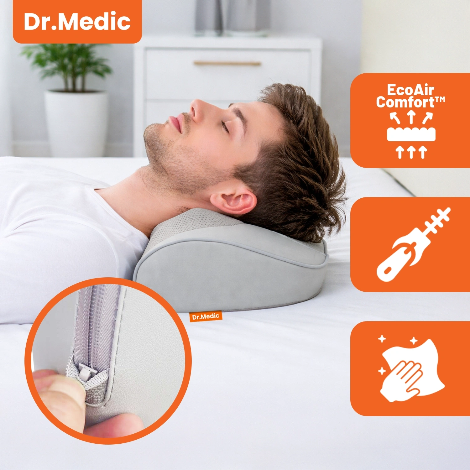Osoba leży na szarej poduszce masującej z logo \'Dr.Medic\'. Obok znajdują się ikony z napisami: \'EcoAir Comfort™\' oraz symbolem narzędzia i dłoni.