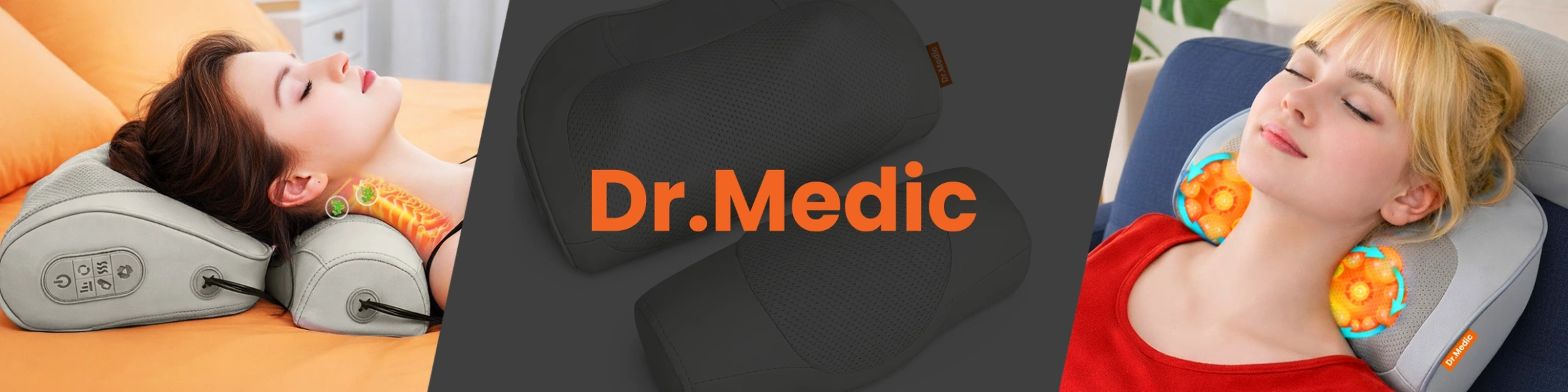 Obraz przedstawia dwie osoby korzystające z poduszki masującej z widocznymi elementami grzewczymi. Na środku znajduje się napis \'Dr.Medic\'.