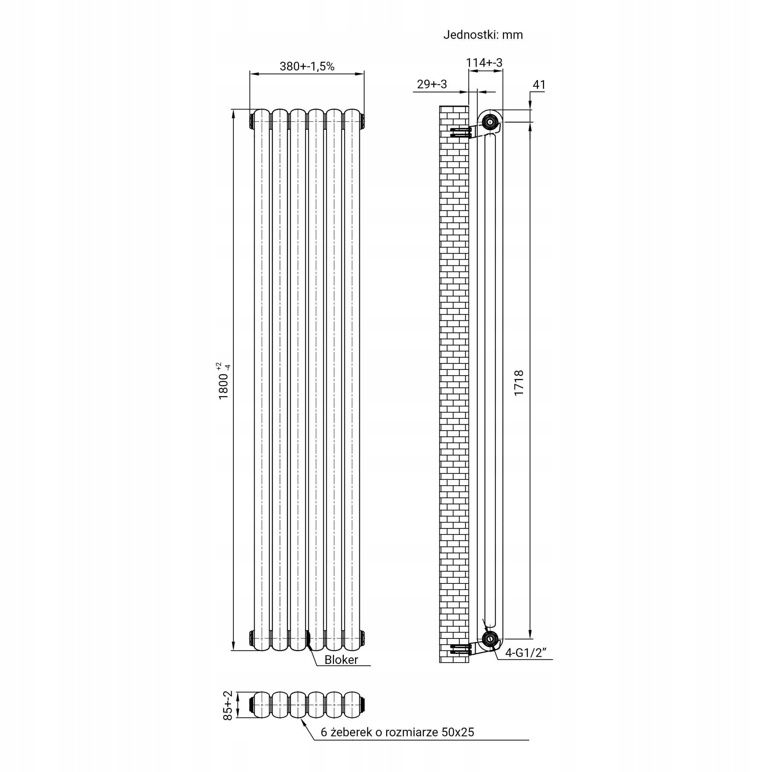 Rysunek techniczny grzejnika łazienkowego dekoracyjnego o wymiarach 1800x380 mm z sześcioma żeberkami o rozmiarze 50x25 mm. Widoczne są szczegółowe wymiary i oznaczenia, takie jak \'Bloker\' i \'4-G1/2\'.