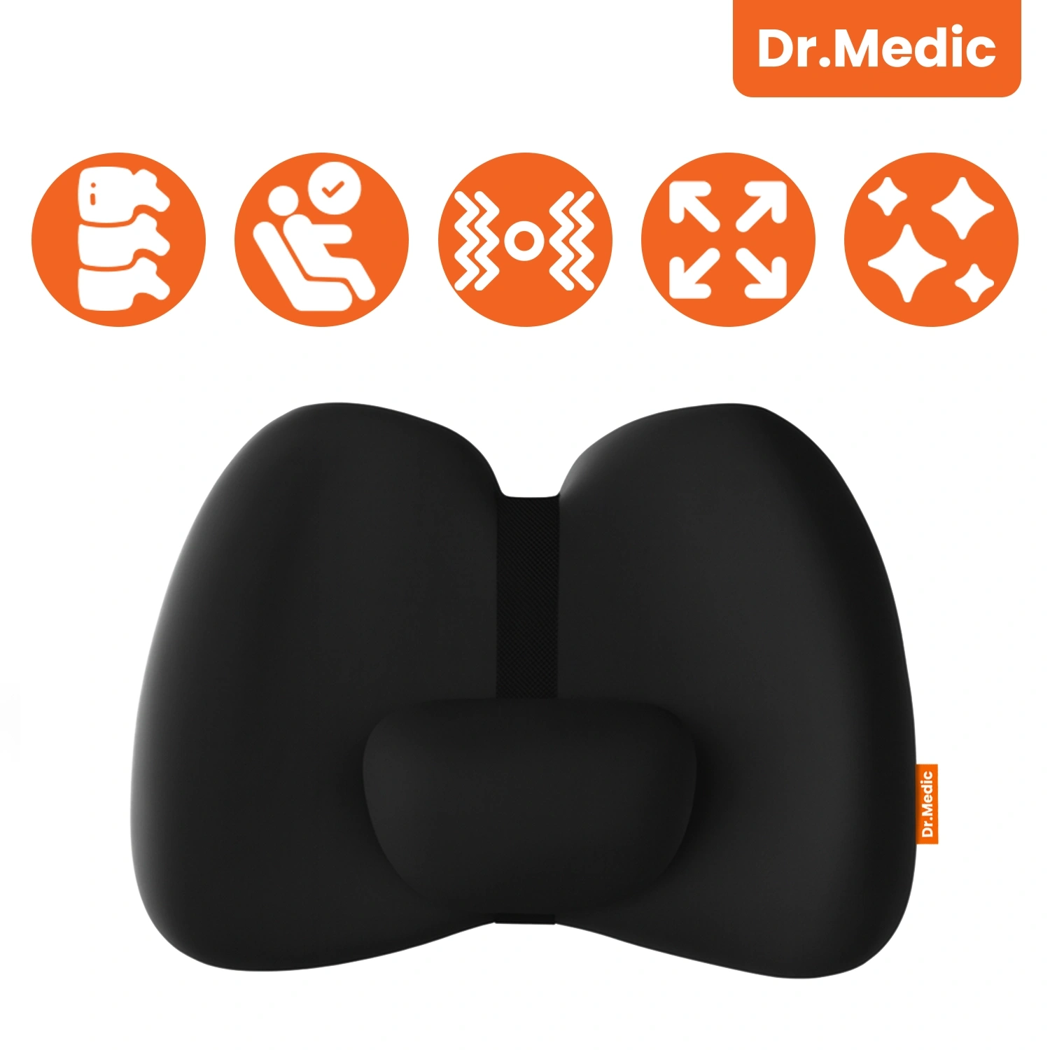 Czarna poduszka masująca o ergonomicznym kształcie z widocznym logo \'Dr.Medic\'. Nad poduszką znajdują się cztery pomarańczowe ikony przedstawiające różne funkcje oraz logo \'Dr.Medic\'.