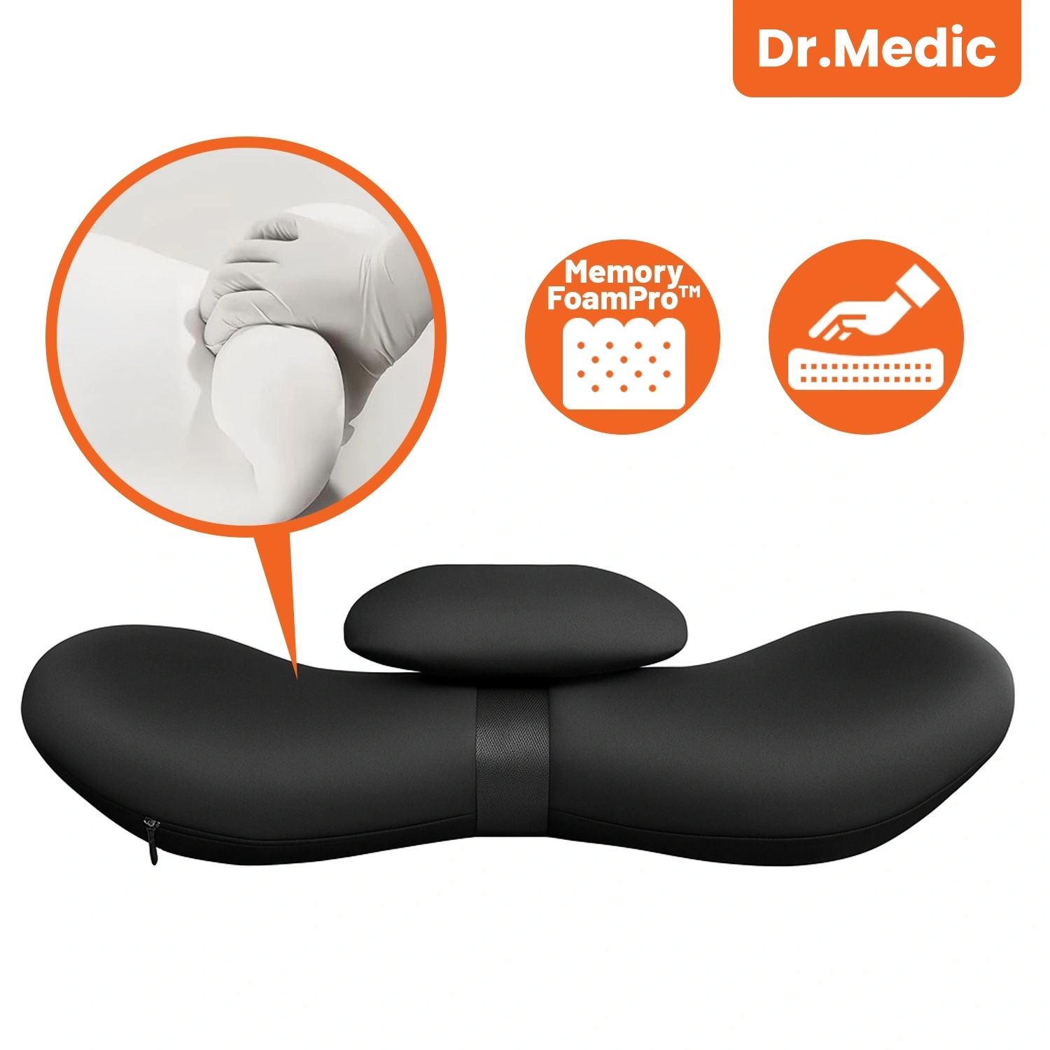 Czarna poduszka masująca o ergonomicznym kształcie z dodatkowym elementem podparcia. Widoczne są także grafiki z napisem \'Memory FoamPro™\' oraz logo \'Dr.Medic\'.