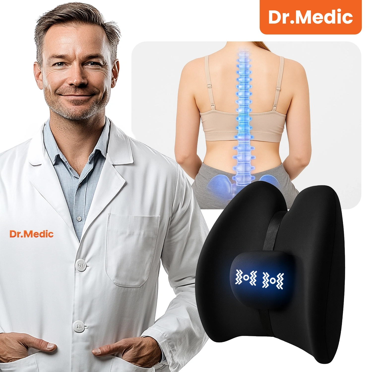 Obraz przedstawia mężczyznę w białym fartuchu z napisem \'Dr.Medic\' oraz czarną poduszkę masującą z niebieskimi symbolami wibracji. W tle widoczna jest kobieta z zaznaczonym kręgosłupem na plecach.