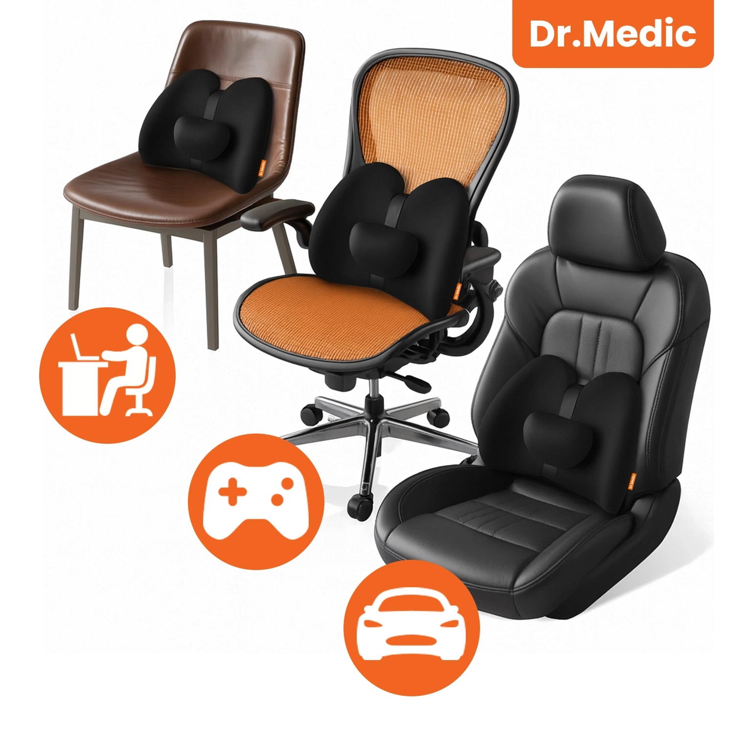 Na obrazie widoczne są trzy krzesła z czarnymi poduszkami masującymi, a w prawym górnym rogu znajduje się logo \'Dr.Medic\'. Dodatkowo, na dole obrazu są trzy pomarańczowe ikony przedstawiające osobę przy biurku, kontroler do gier i samochód.