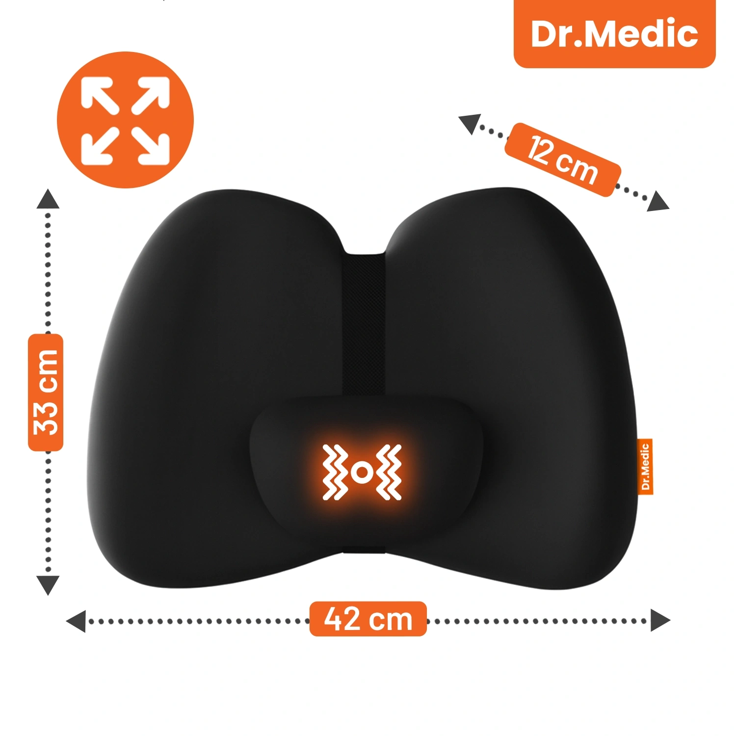 Czarna poduszka masująca o ergonomicznym kształcie z pomarańczowym logo \'Dr.Medic\'. Wymiary poduszki to 33 cm wysokości, 42 cm szerokości i 12 cm głębokości.