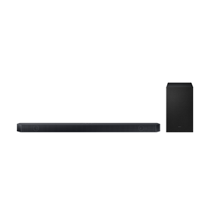Na obrazie widoczny jest czarny soundbar oraz subwoofer. Oba urządzenia mają prostokątny kształt i są koloru czarnego.