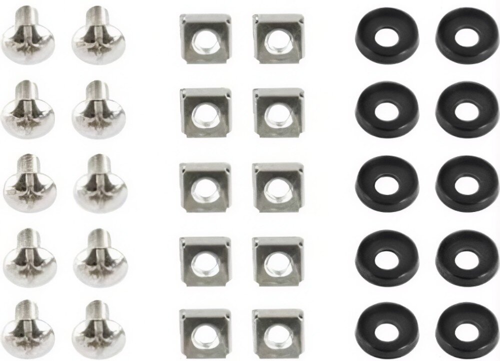 Zestaw śrub ENERGENIE 19A-FSET-02 (50 szt.) Srebrne metalowe śruby, nakrętki klatkowe oraz czarne plastikowe podkładki ułożone w równych rzędach na białym tle