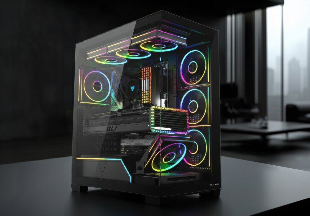 Obudowa komputerowa z przezroczystymi panelami, wewnątrz której widać podświetlane wentylatory i komponenty w różnych kolorach RGB. Na obudowie widoczne jest logo \'VOLCANO\'.