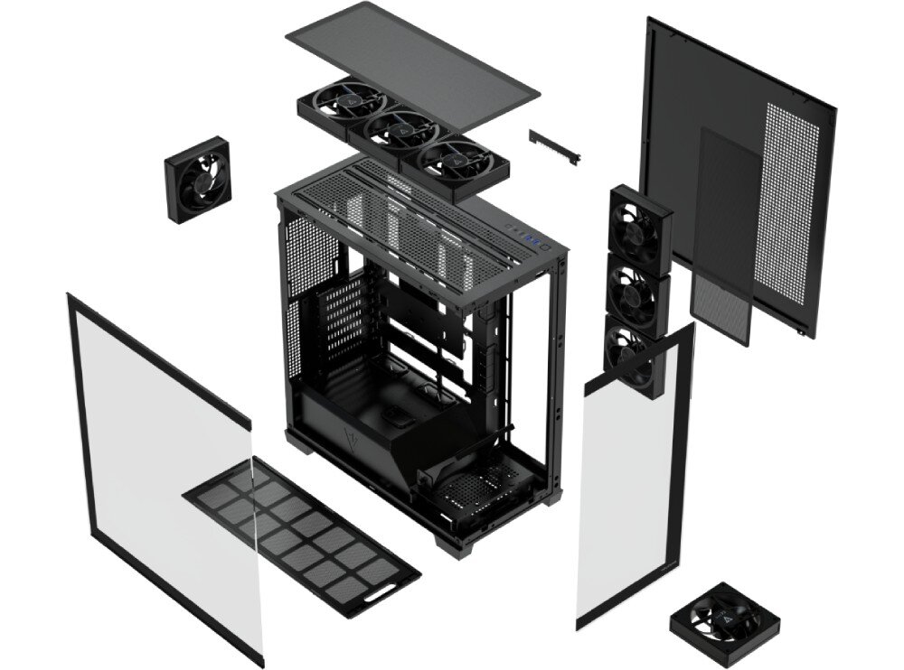 Obraz przedstawia rozłożoną obudowę komputerową w kolorze czarnym z widocznymi panelami bocznymi, wentylatorami i elementami montażowymi. Obudowa ma konstrukcję z siatki i szkła, a na górnym panelu znajdują się porty i przyciski.