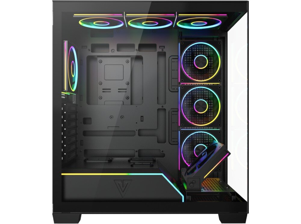 Czarna obudowa komputerowa z przezroczystym panelem bocznym, wyposażona w podświetlane wentylatory ARGB. Wnętrze obudowy jest przestronne, z miejscem na komponenty komputerowe.