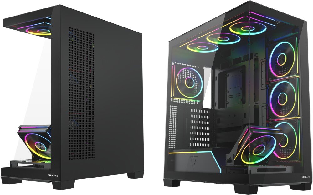 Obraz przedstawia czarną obudowę komputerową z przezroczystym panelem bocznym, przez który widać podświetlane wentylatory ARGB. Na obudowie widoczne jest logo \'VOLCANO\'.