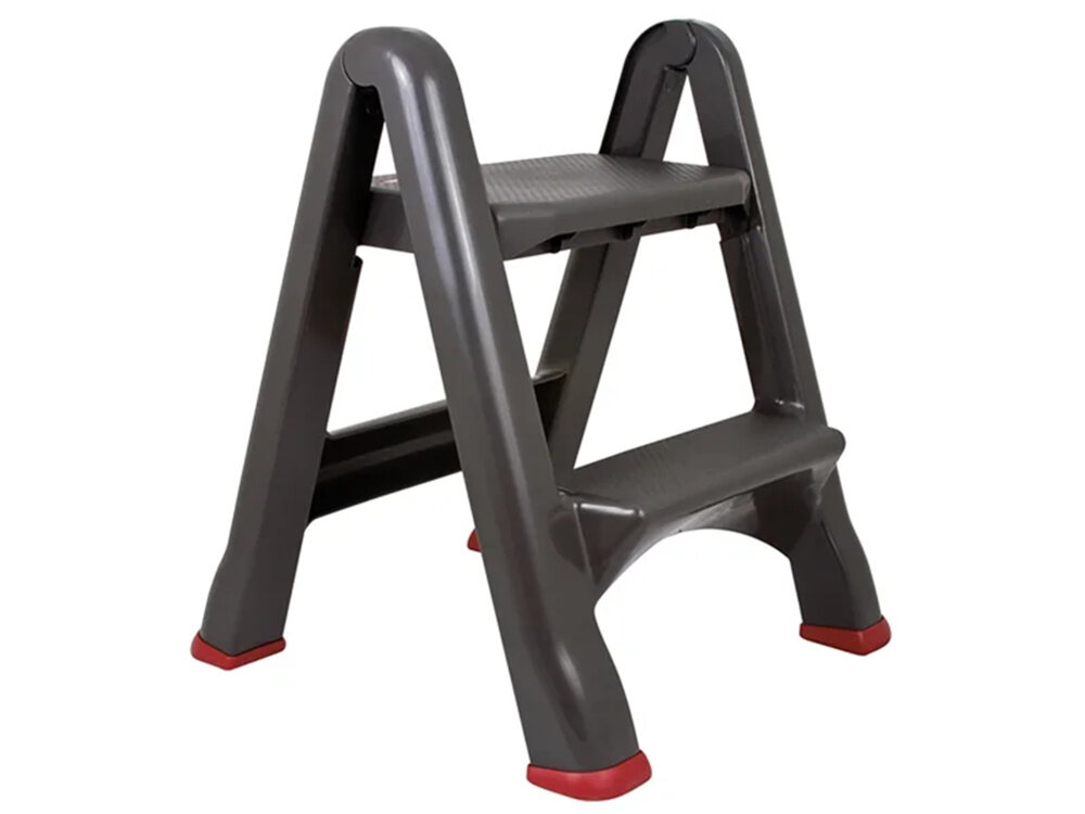 Podest  CURVER 155160 (0.63 m) podest na białym tle dwa antypoślizgowe stopnie zwiększa stabilność obciążenie do 150 kg certyfikat TÜV potwierdza spełnianie norm bezpieczeństwa składana konstrukcja