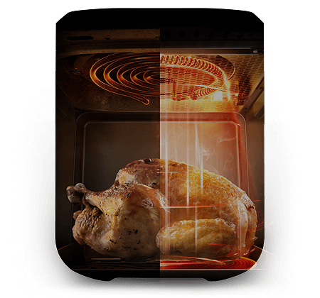 Obraz przedstawia wnętrze frytkownicy z pieczonym kurczakiem, z widocznymi elementami grzewczymi w górnej części. Połowa kurczaka jest oświetlona ciepłym światłem, co sugeruje działanie technologii podczerwieni.