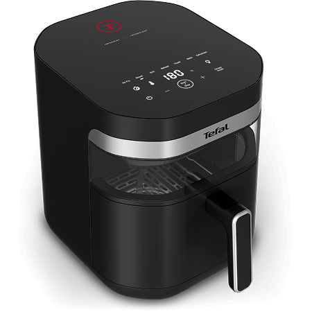 Czarna frytkownica beztłuszczowa z panelem dotykowym na górze, wyświetlaczem LED pokazującym temperaturę 180 stopni i logo Tefal. Urządzenie posiada okienko do podglądu oraz uchwyt do wysuwania kosza.