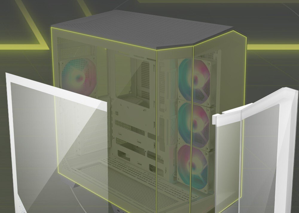 Obraz przedstawia białą obudowę komputerową z otwartym panelem bocznym, ukazującą wnętrze z trzema podświetlanymi wentylatorami. Obudowa ma przezroczysty panel frontowy i boczny.
